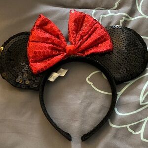 Sequin Mouse Ears Headband with Red Bow